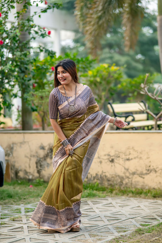 Yogita Mahendi Soft Tussar Silk Madhubani printed Saree