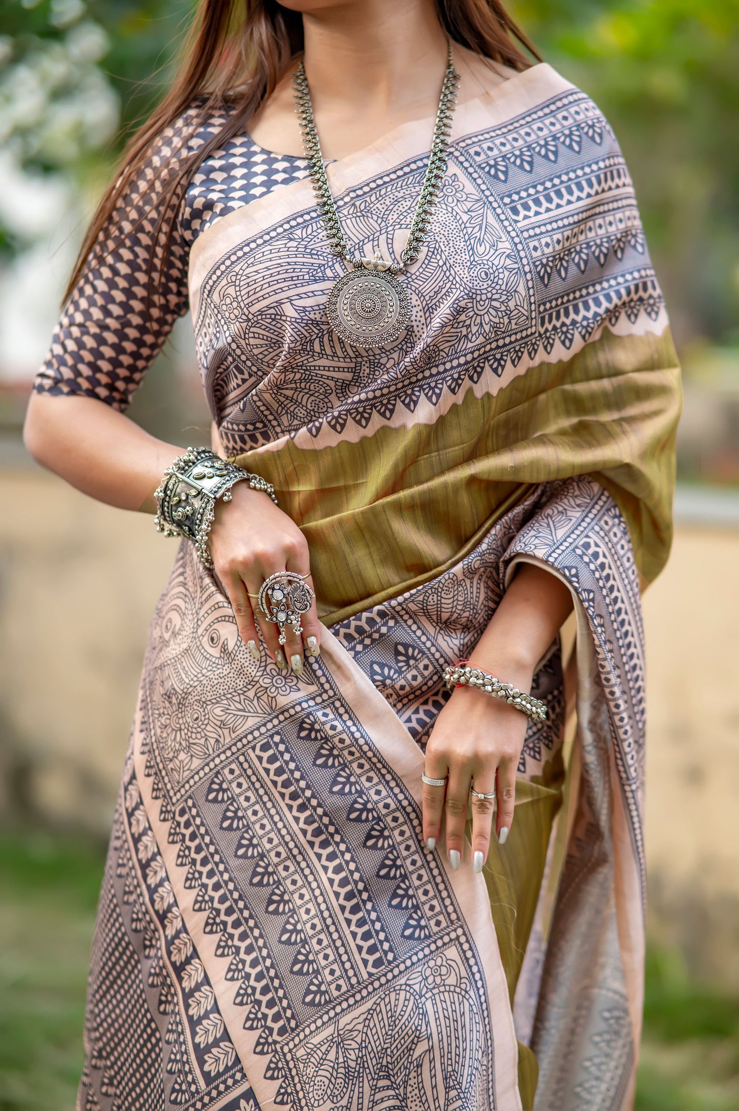 Yogita Mahendi Soft Tussar Silk Madhubani printed Saree