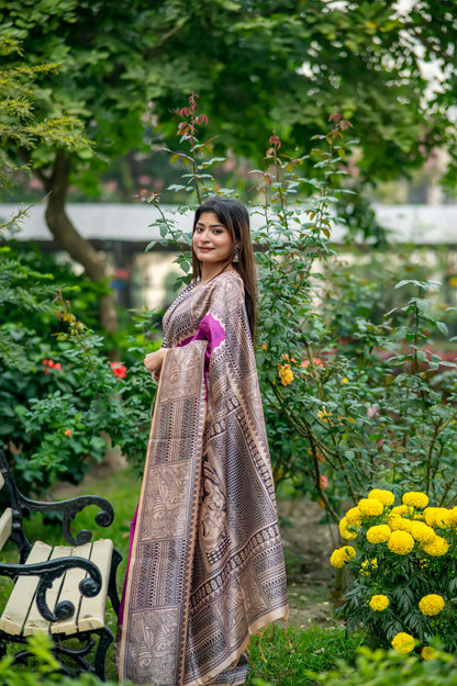 Yogita Wine Soft Tussar Silk Madhubani printed Saree