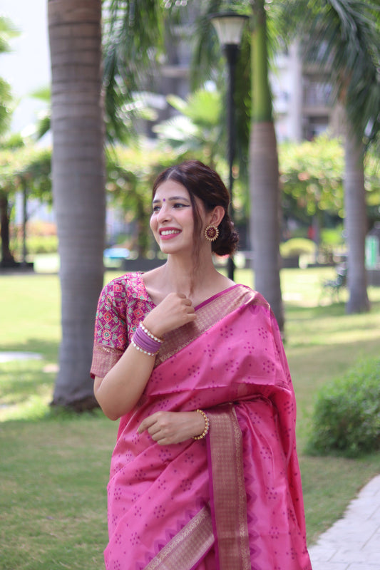 Baby Pink Zari Woven Raw Silk Patola saree
