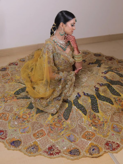 Yellow Net Bridal Lehenga with Peacock Motifs & Zari, Sequins Work