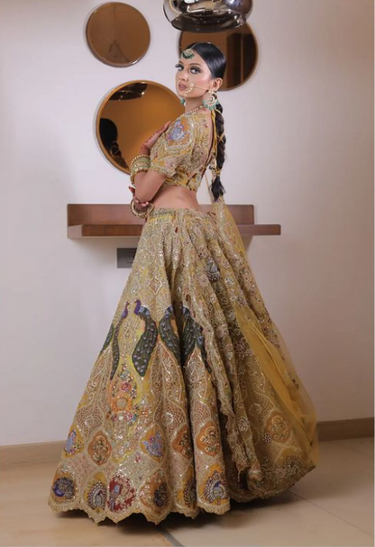 Yellow Net Bridal Lehenga with Peacock Motifs & Zari, Sequins Work