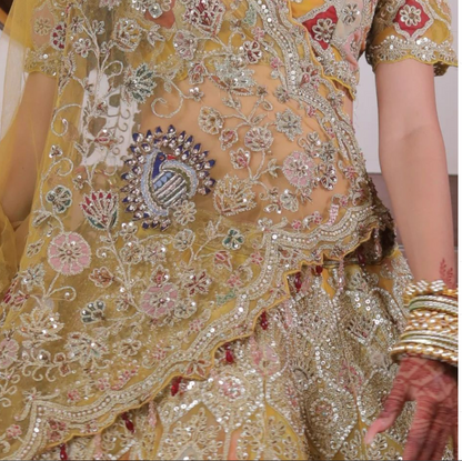 Yellow Net Bridal Lehenga with Peacock Motifs & Zari, Sequins Work