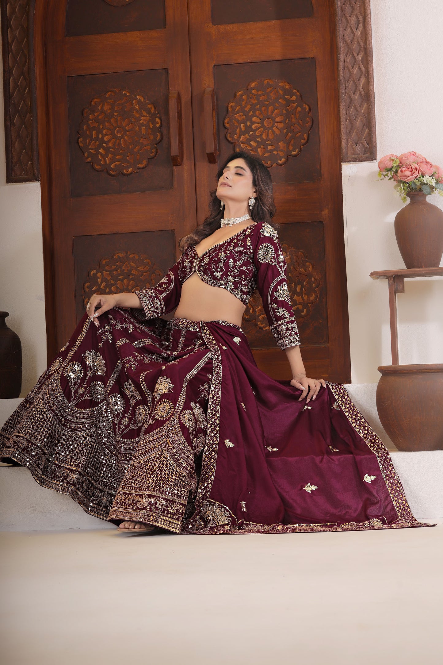 Wine Chinnon Silk Sequins & Zari Embroidery Sangeet Lehenga