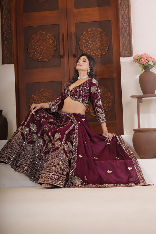 Wine Chinnon Silk Sequins & Zari Embroidery Sangeet Lehenga