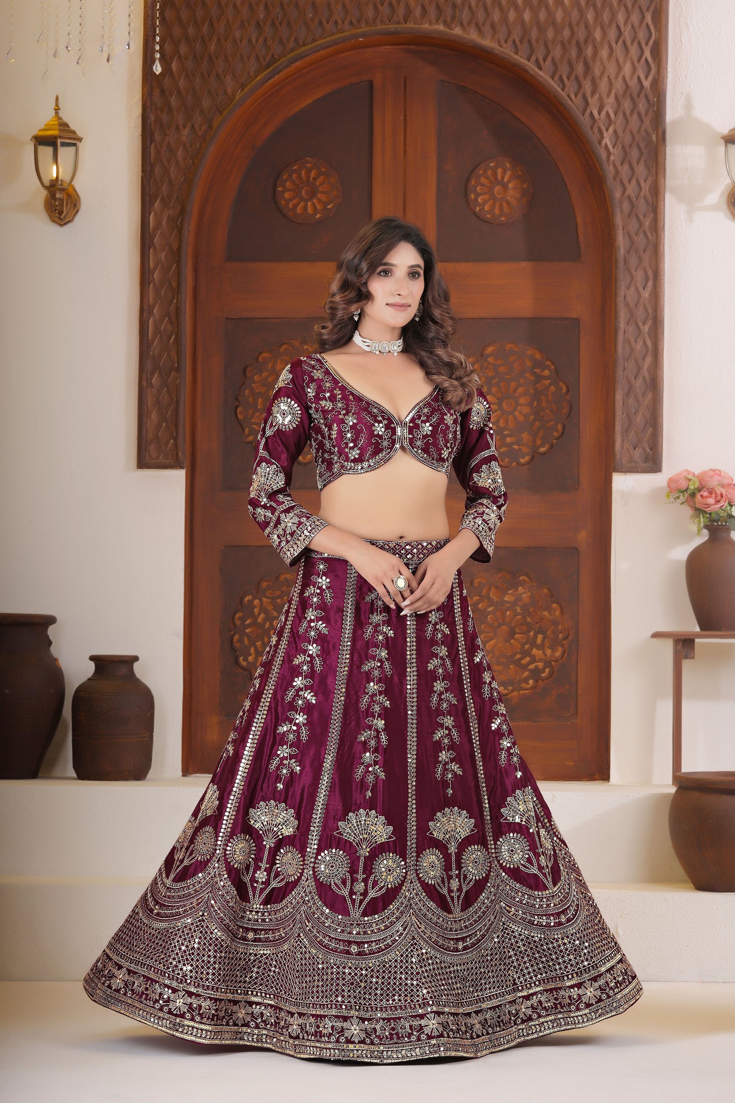 Wine Chinnon Silk Sequins & Zari Embroidery Sangeet Lehenga