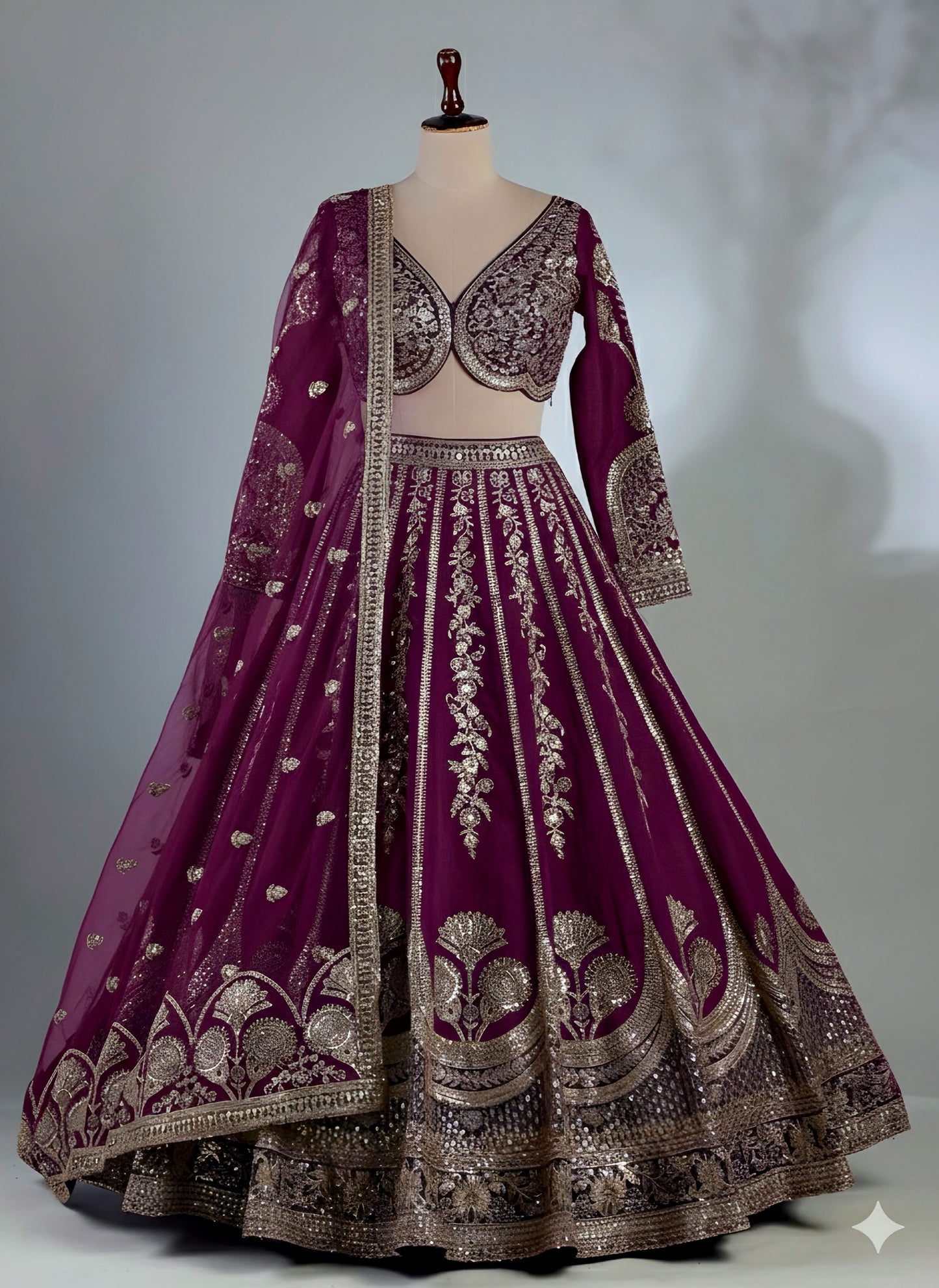 Wine Chinnon Silk Sequins & Zari Embroidery Sangeet Lehenga