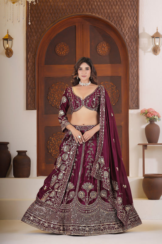 Wine Chinnon Silk Sequins & Zari Embroidery Sangeet Lehenga