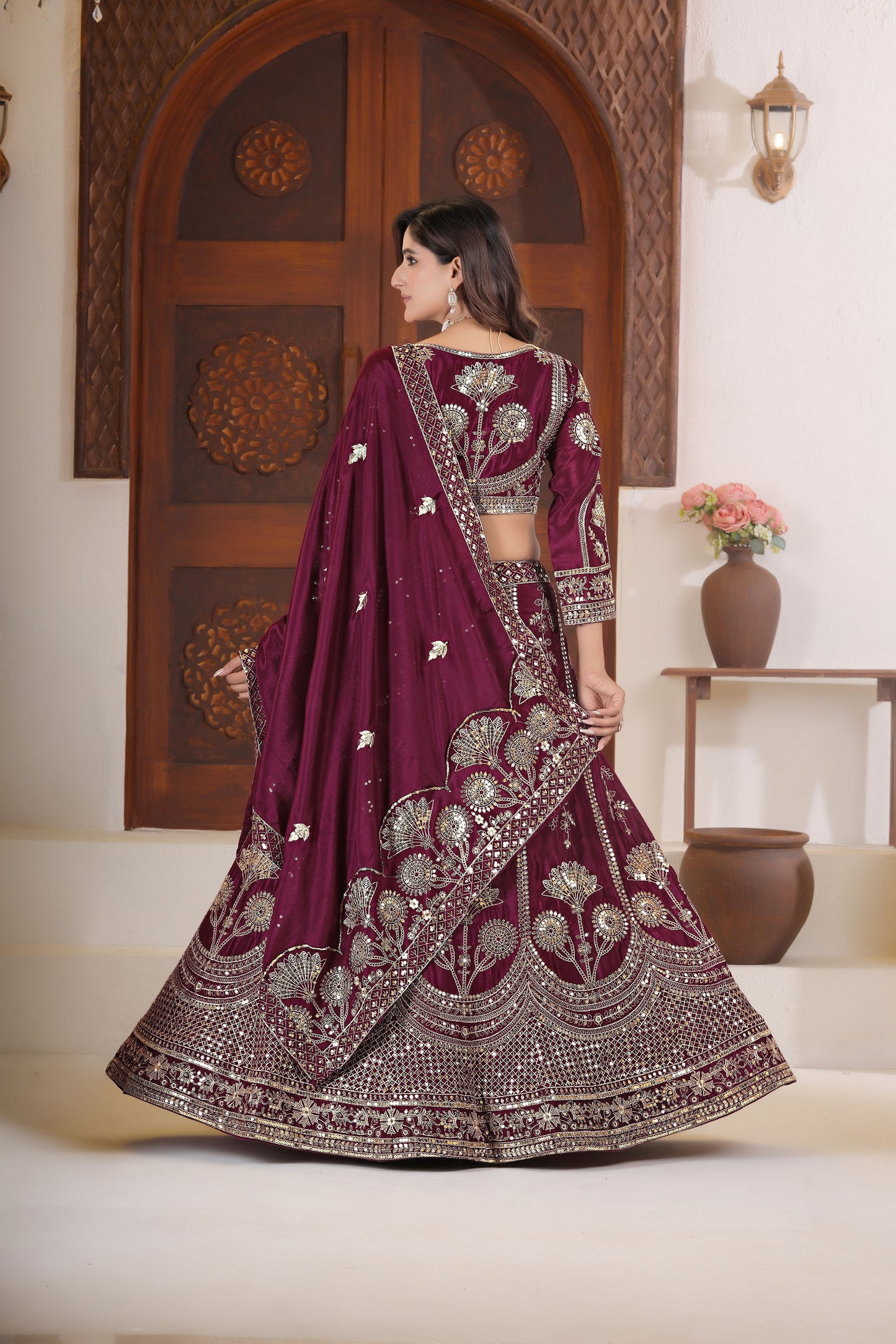 Wine Chinnon Silk Sequins & Zari Embroidery Sangeet Lehenga