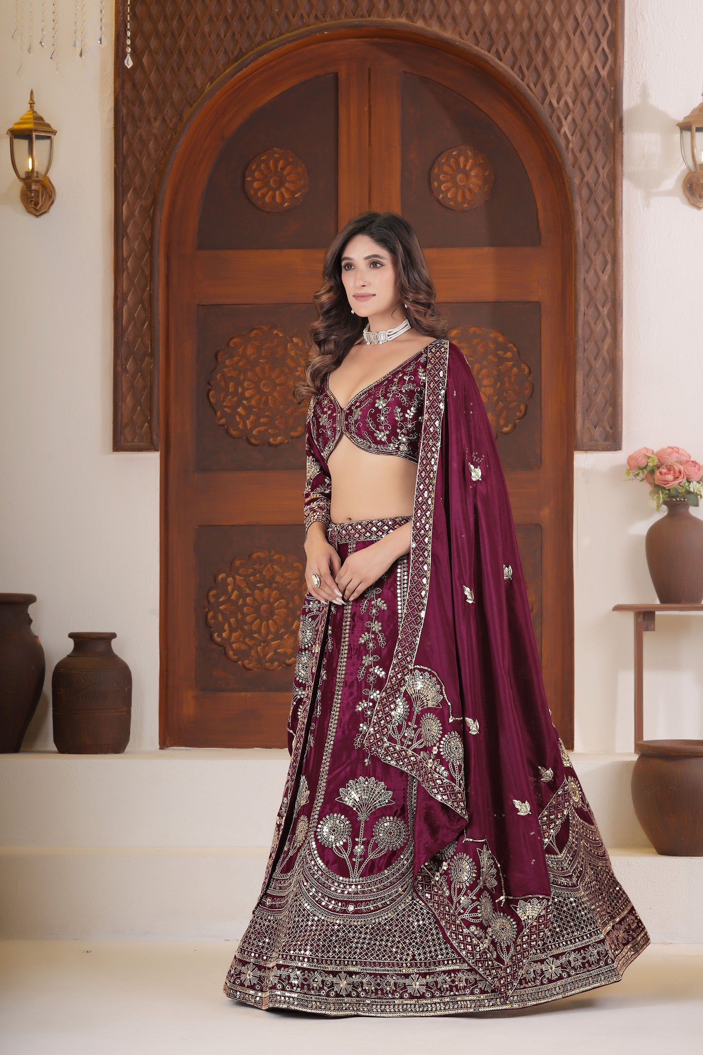 Wine Chinnon Silk Sequins & Zari Embroidery Sangeet Lehenga