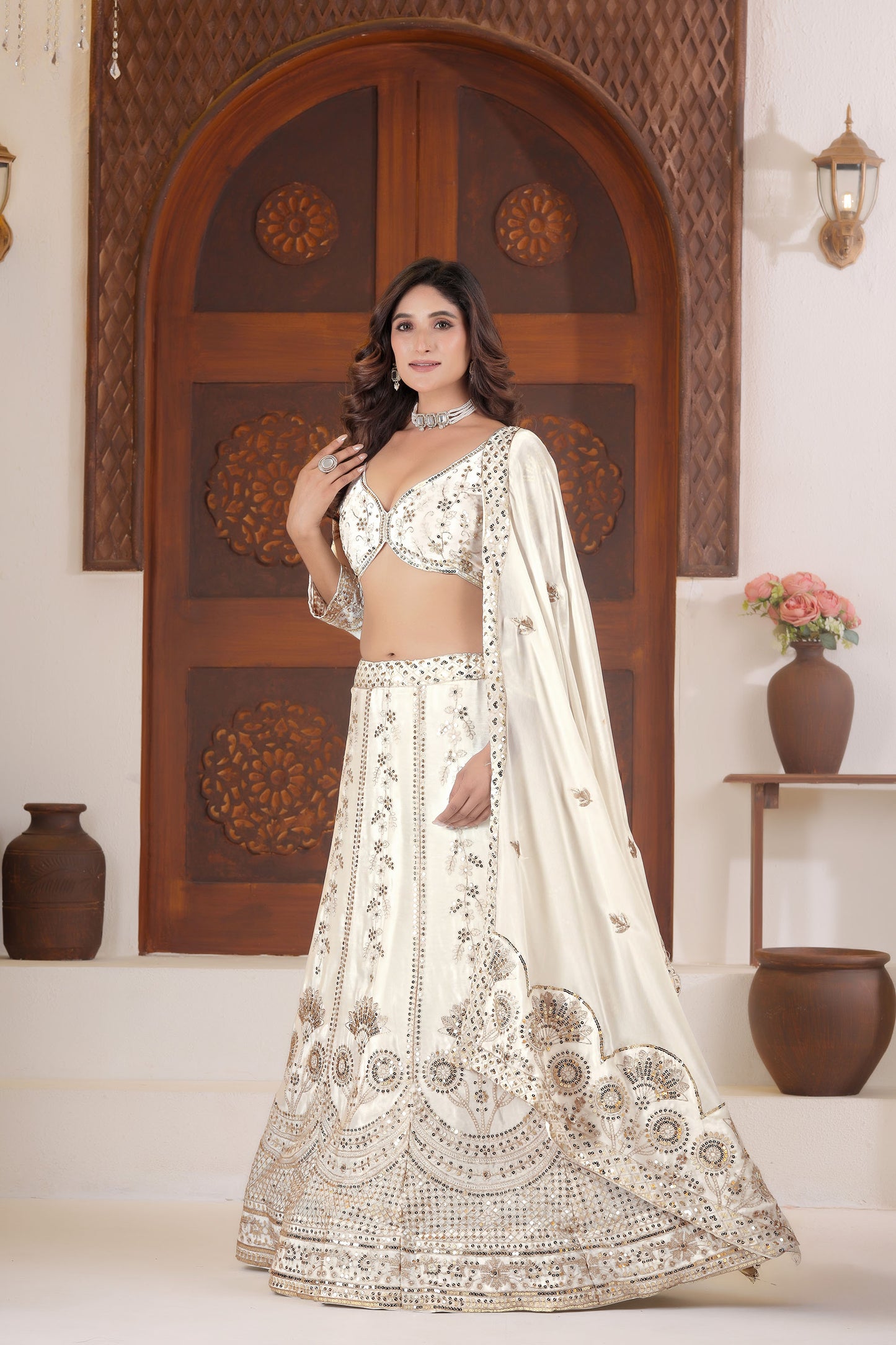 Ivory White Chinnon Silk Sequins & Zari Embroidery Lehenga Choli