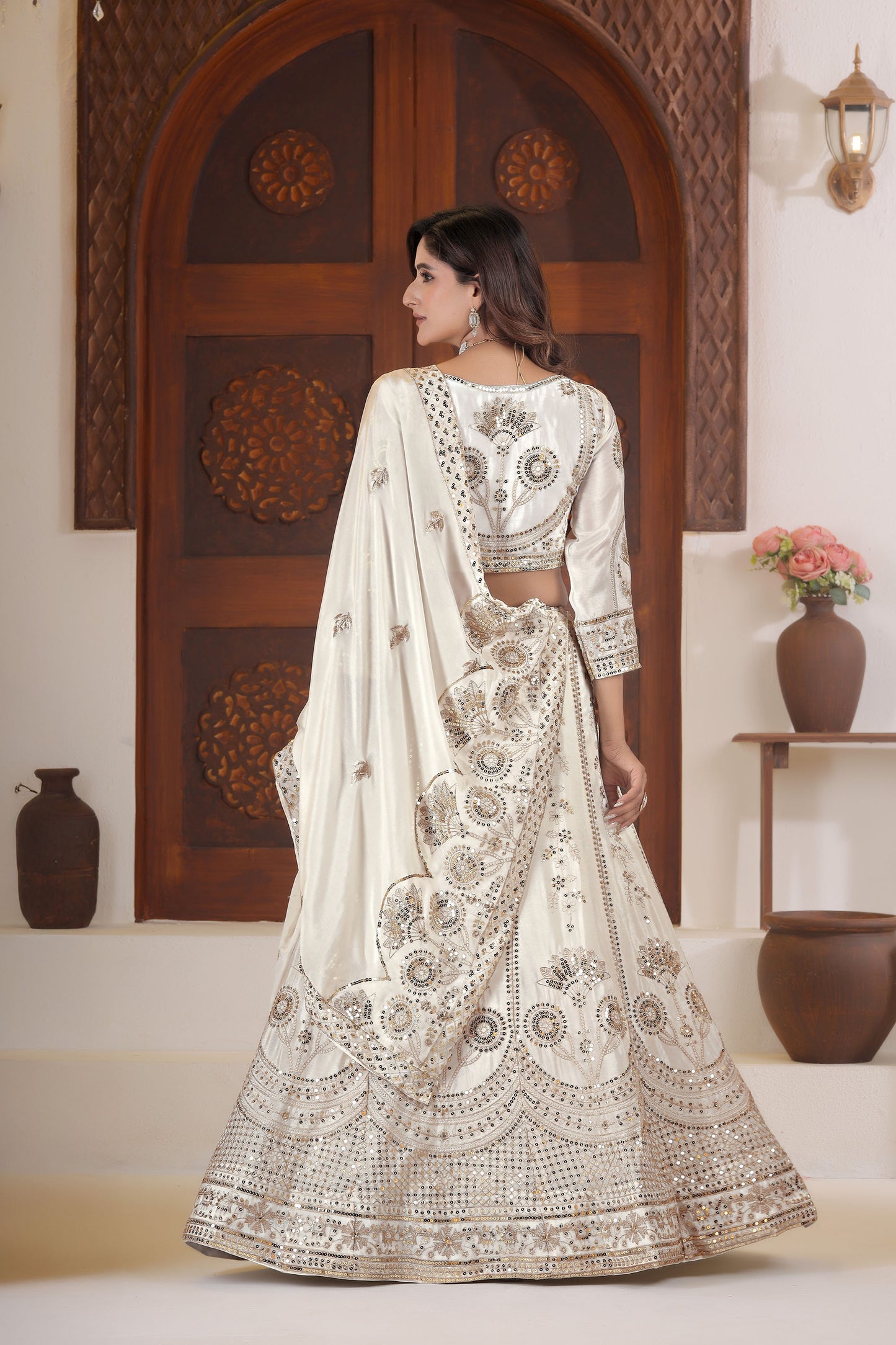 Ivory White Chinnon Silk Sequins & Zari Embroidery Lehenga Choli