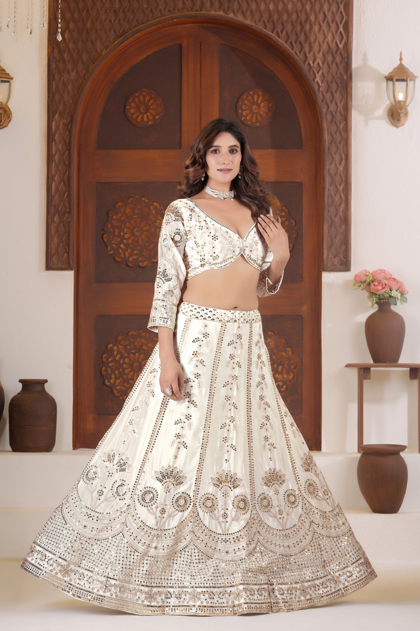 Ivory White Chinnon Silk Sequins & Zari Embroidery Lehenga Choli