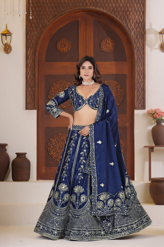 Navy Blue Chinnon Silk Sequins & Zari Embroidery Bridesmaid Lehenga