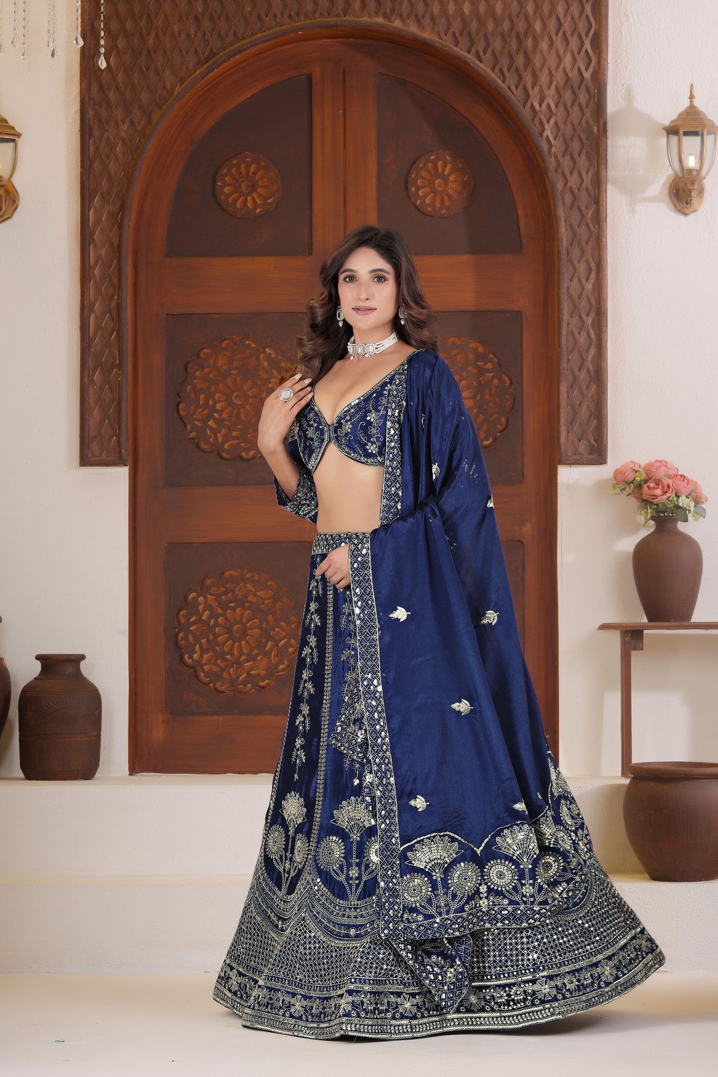 Navy Blue Chinnon Silk Sequins & Zari Embroidery Bridesmaid Lehenga