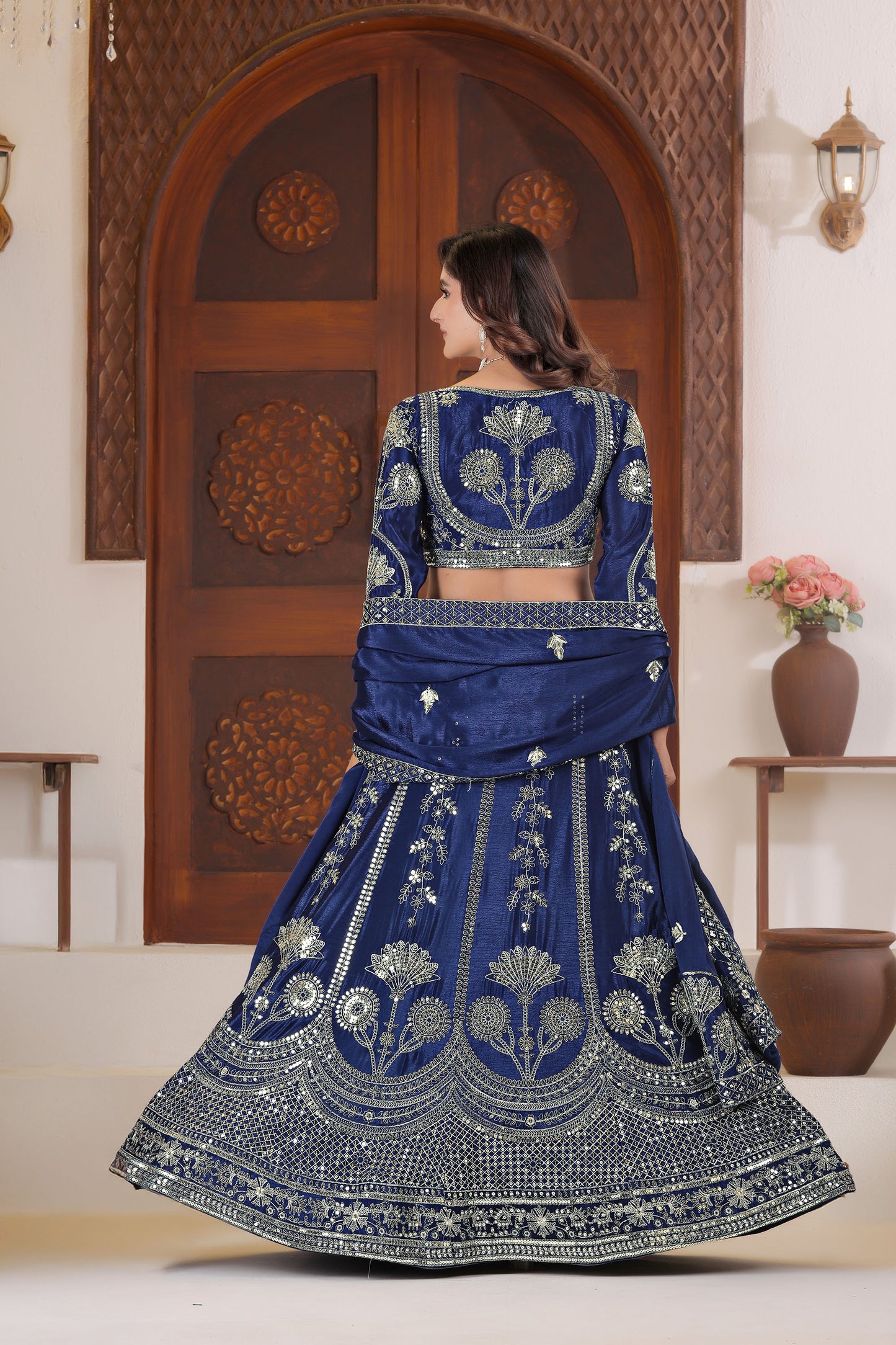 Navy Blue Chinnon Silk Sequins & Zari Embroidery Bridesmaid Lehenga