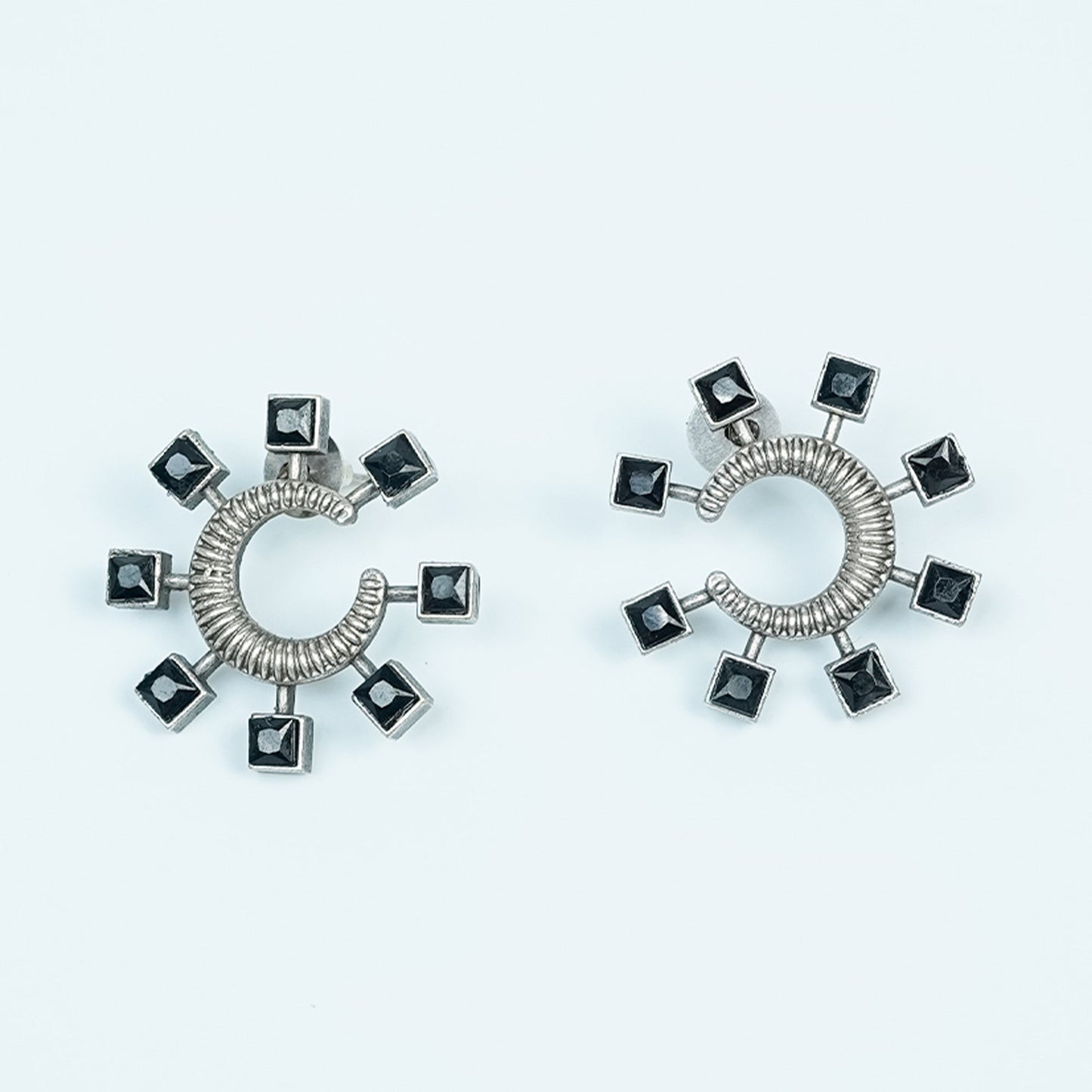 Zevar Club Oxidised Silver-Plated Black AD Studded Half-Hoop Earrings