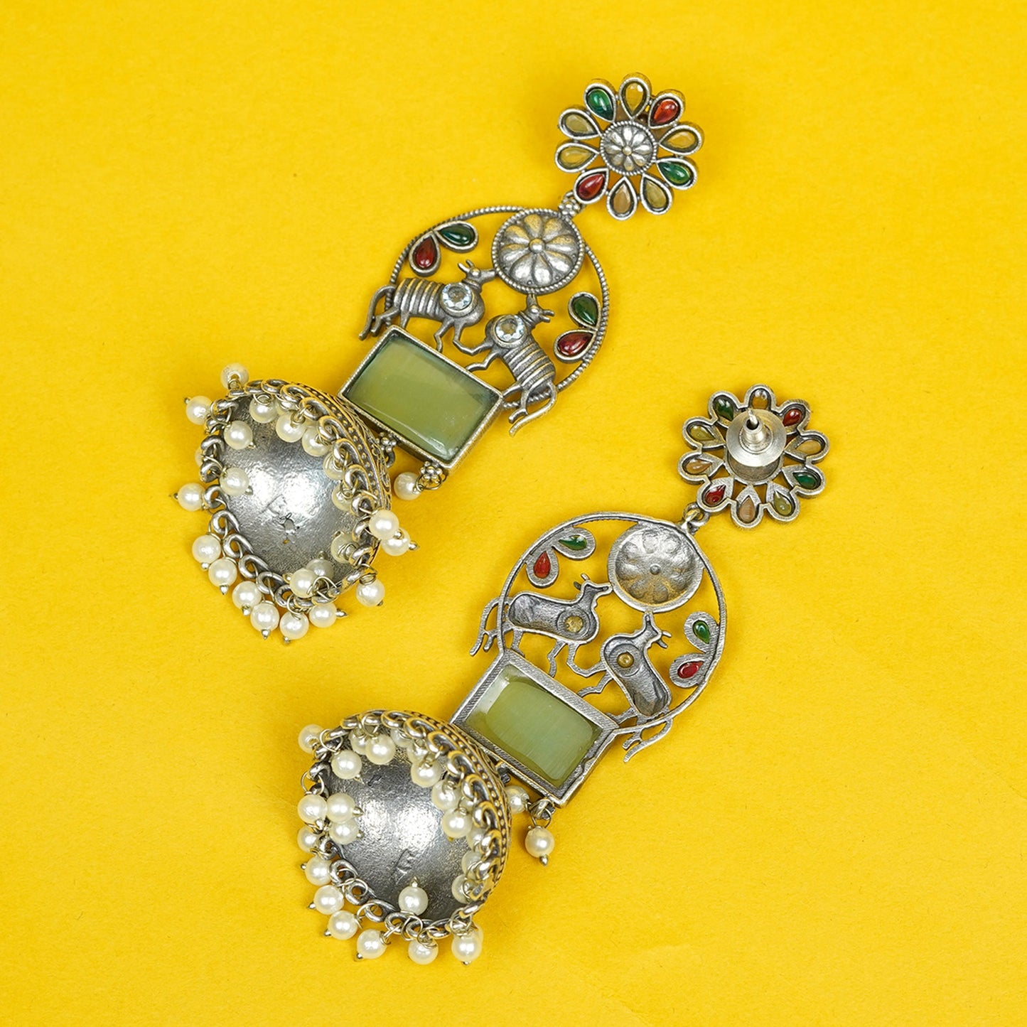 Zevar Club Oxidised Silver-Plated Multicolor Stones & Pastel Green Gemstone Studded Floral Jhumkis Earrings