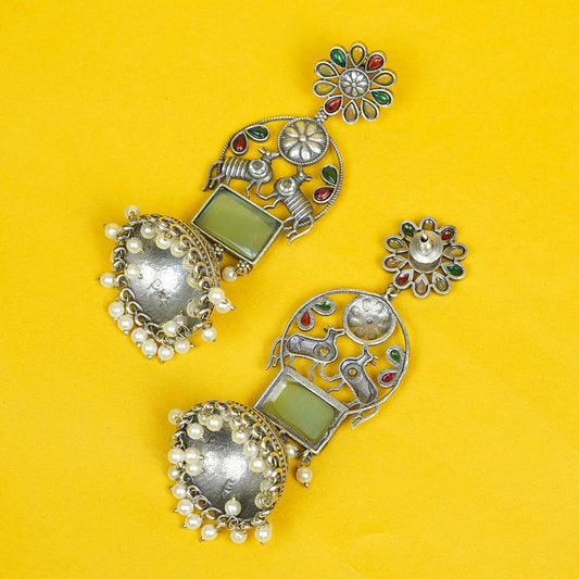 Zevar Club Oxidised Silver-Plated Multicolor Stones & Pastel Green Gemstone Studded Floral Jhumkis Earrings