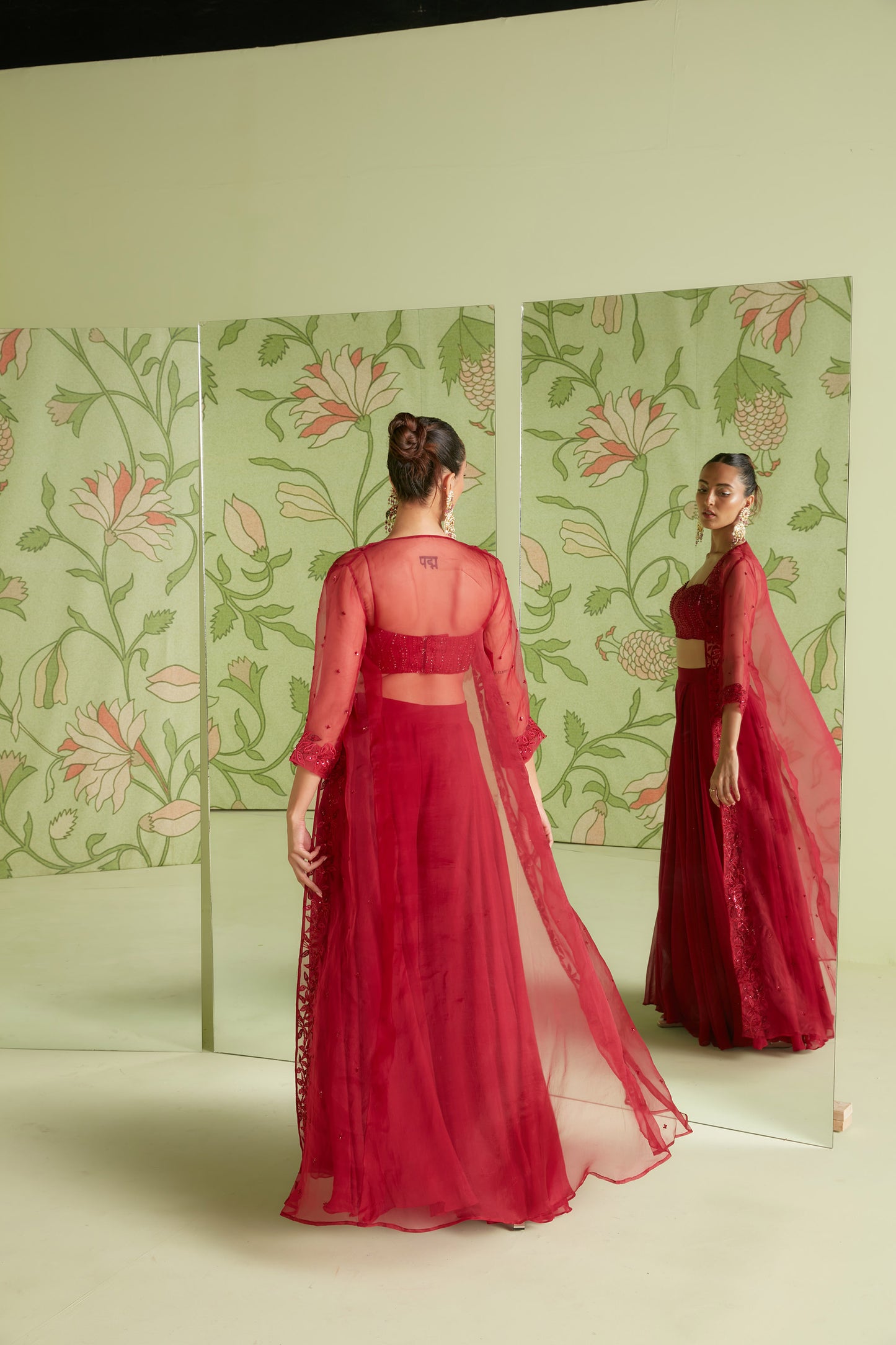 Cherry Red Heavily embroidered Hunar Indo-western Jacket Set