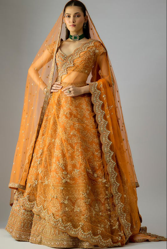 rust raw silk embroidered lehenga set