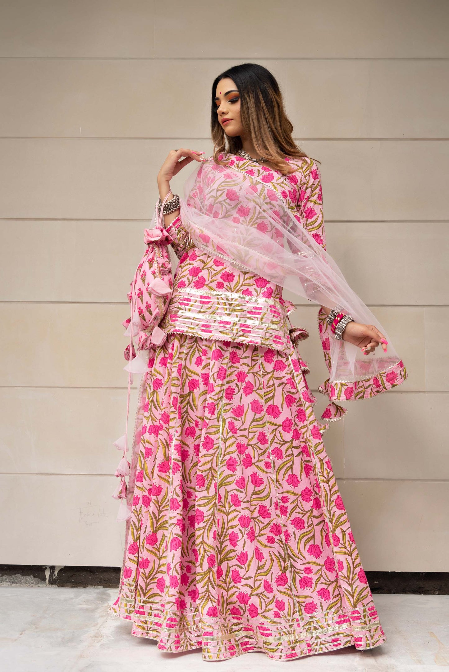 Jarokha Tulsi Pink Cotton Hand Block Skirt set