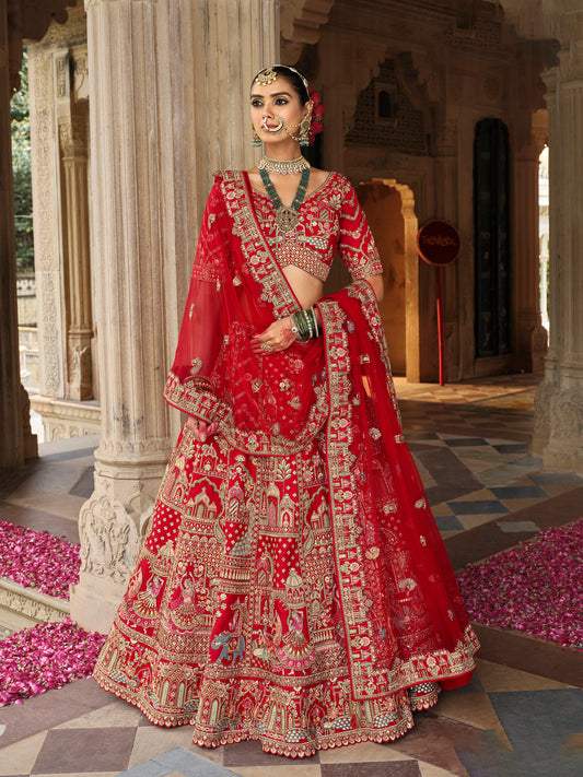 Dark Red Heavy Khatli & Thread Embroidery Silk Bridal Lehenga