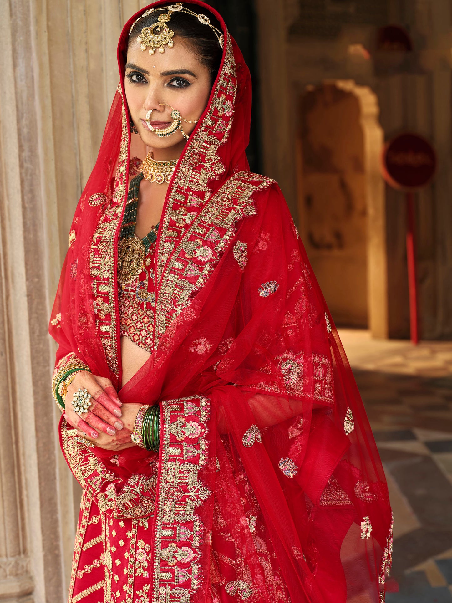 Dark Red Heavy Khatli & Thread Embroidery Silk Bridal Lehenga