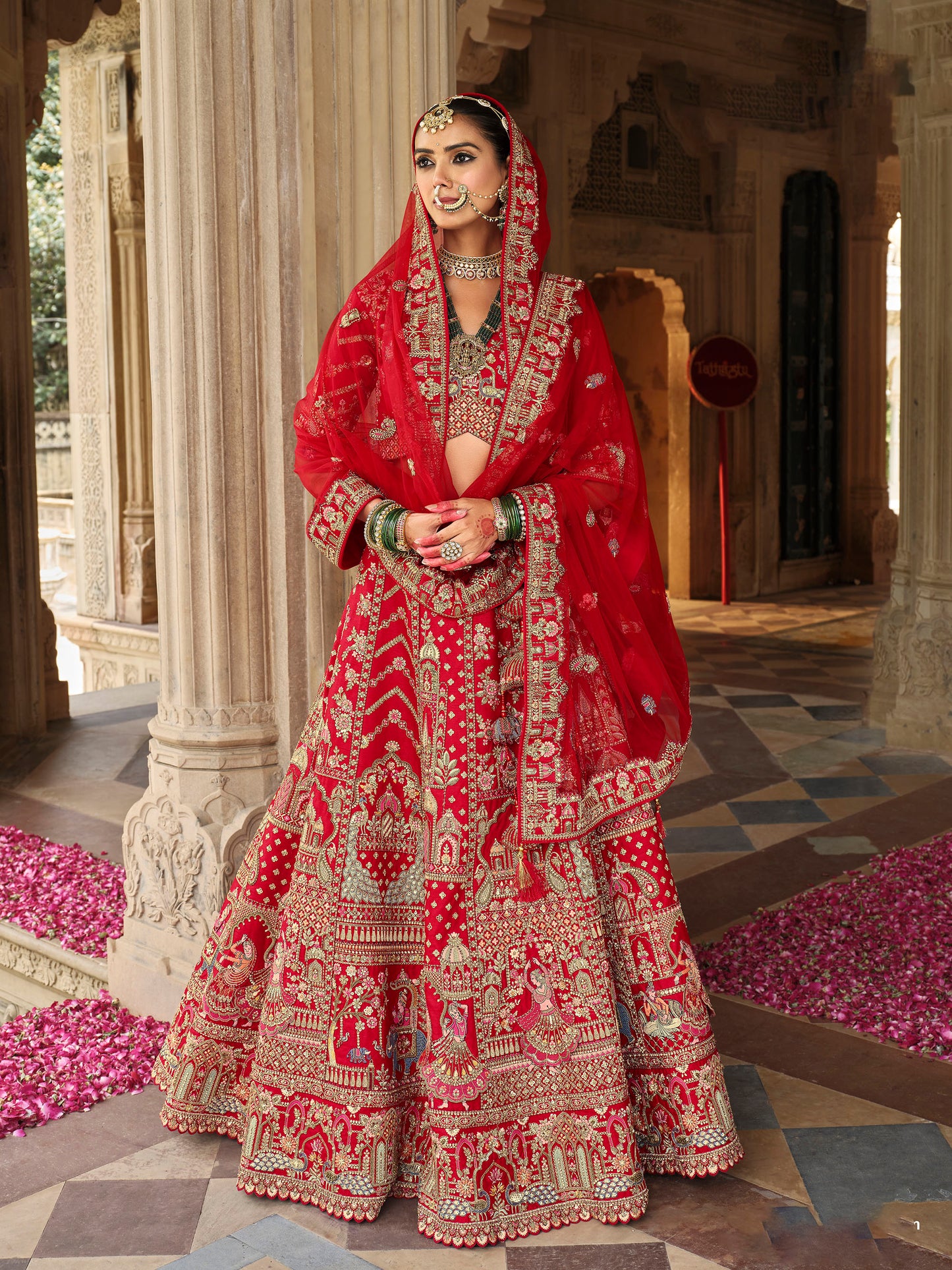 Dark Red Heavy Khatli & Thread Embroidery Silk Bridal Lehenga