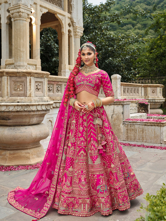 Pink Heavy Khatli & Thread Embroidery Silk Bridal Lehenga