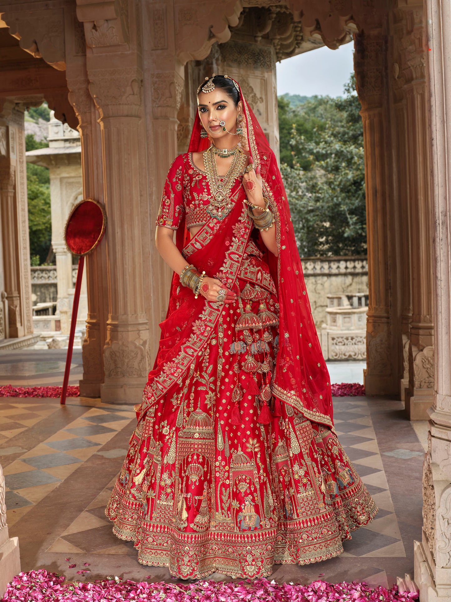 Red Heavy Khatli  Embroidery Zari Weaving Silk Bridal Lehenga