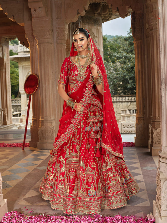 Red Heavy Khatli  Embroidery Zari Weaving Silk Bridal Lehenga