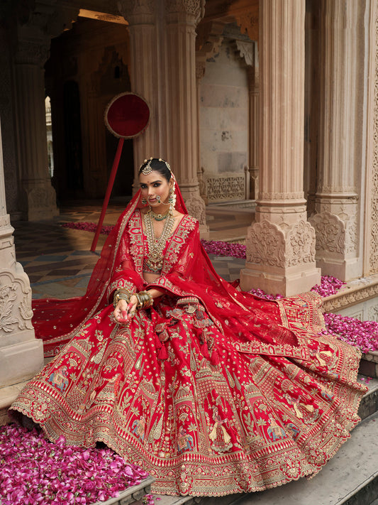 Red Heavy Khatli  Embroidery Zari Weaving Silk Bridal Lehenga
