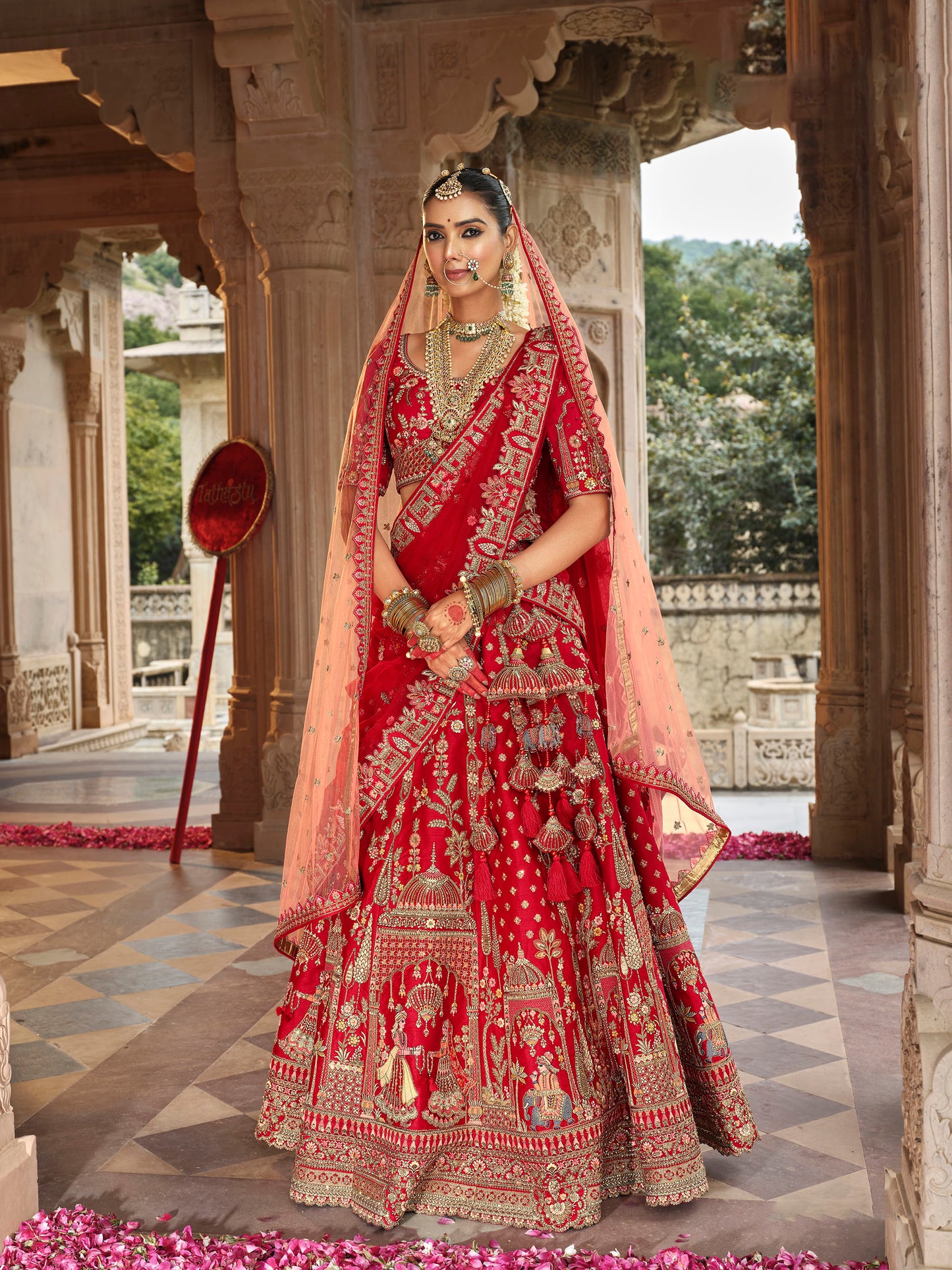 Red Heavy Khatli  Embroidery Zari Weaving Silk Bridal Lehenga