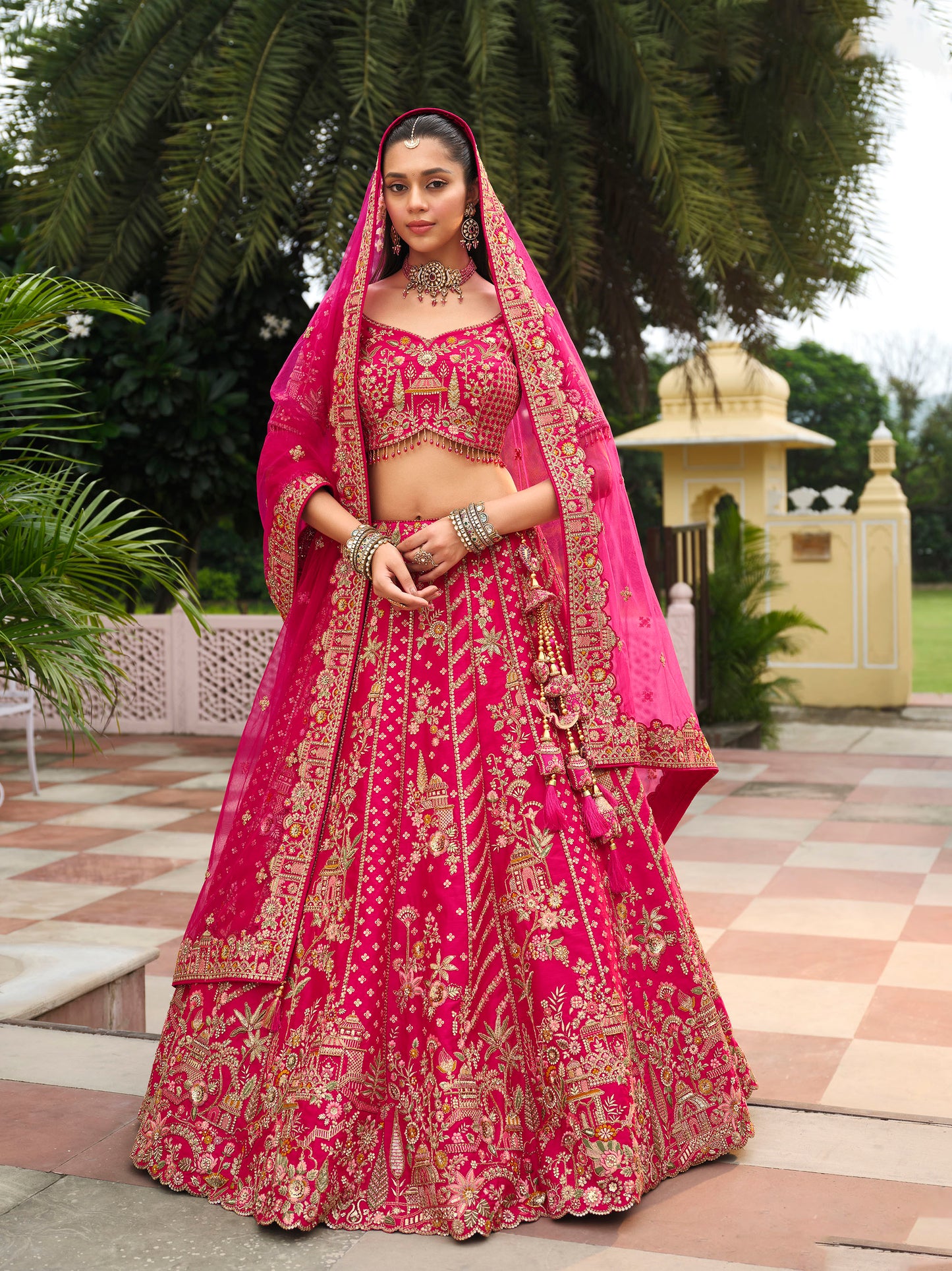 Pink Heavy Khatli & Thread Embroidery Zari Weaving Silk Bridal Lehenga
