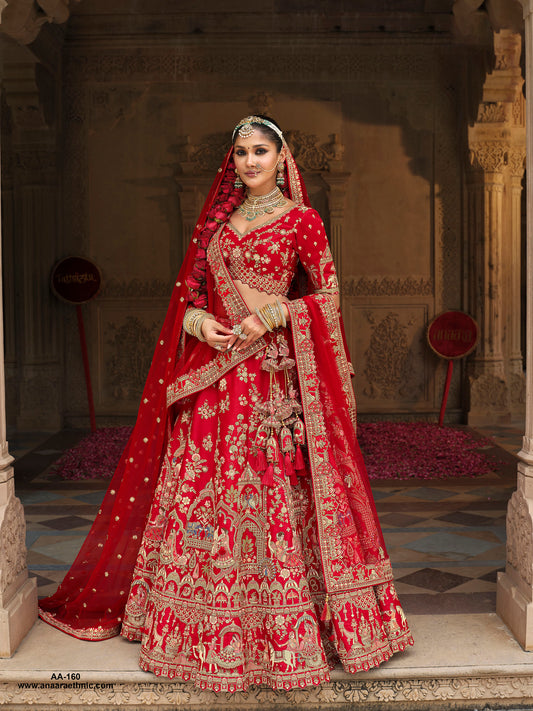 Dark Red Color Silk Heavy Khatli & Thread Embroidery Bridal Lehenga
