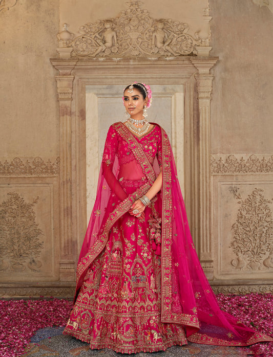 Dark Pink Color Silk Heavy Khatli & Thread Embroidery Bridal Lehenga