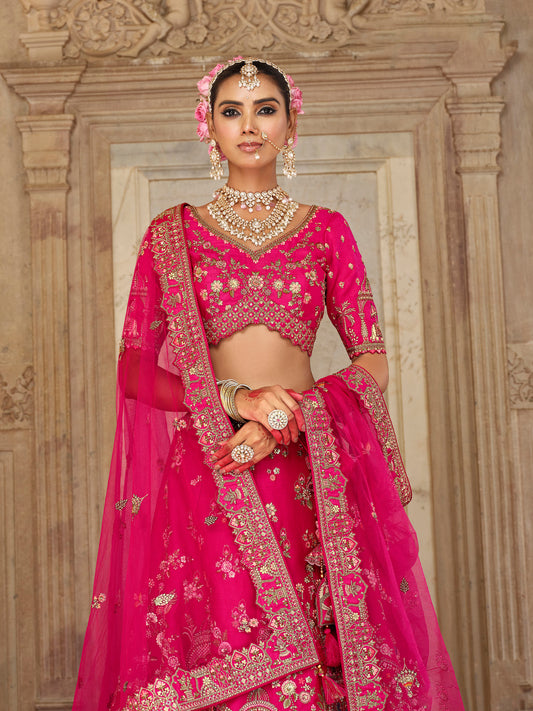 Dark Pink Color Silk Heavy Khatli & Thread Embroidery Bridal Lehenga