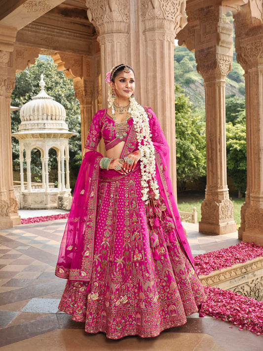 Rose Pink Color Silk Heavy Khatli & Thread Embroidery Bridal Lehenga