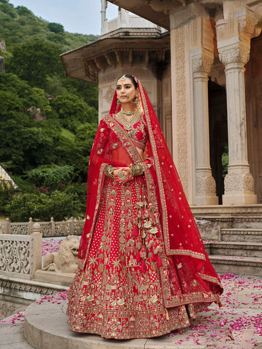 Dark Red Color Silk Heavy Khatli & Thread Embroidery Wedding Lehenga
