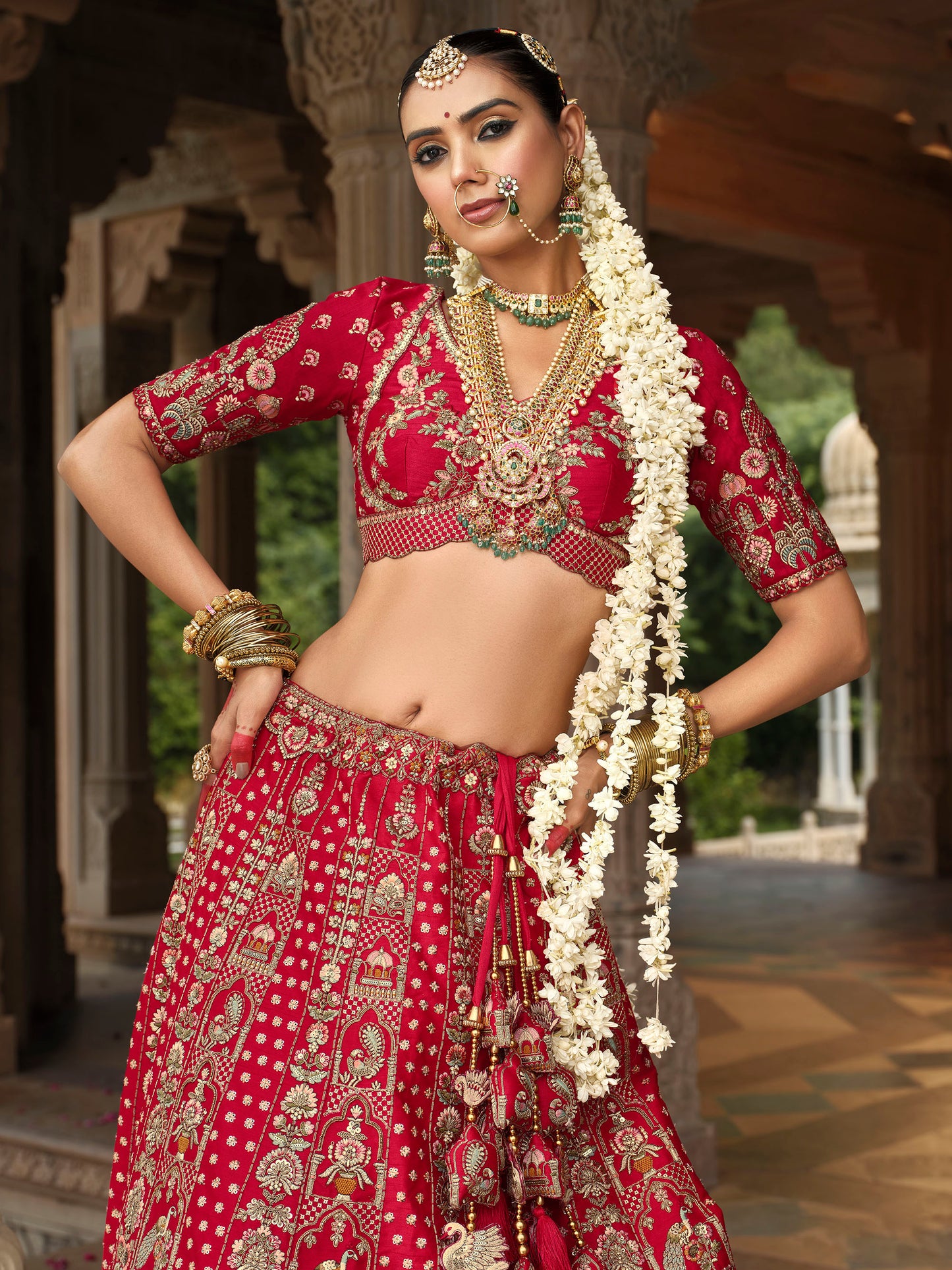 Dark Red Color Silk Heavy Khatli & Thread Embroidery Wedding Lehenga