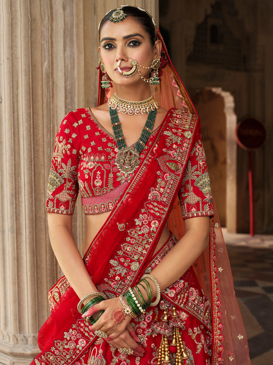 Red Heavy Khatli & Thread Embroidery Zari Weaving Silk Bridal Lehenga