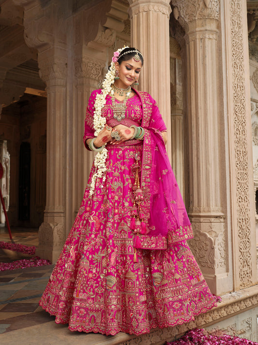 Dark Pink Heavy Khatli & Thread Embroidery Zari Weaving Silk Bridal Lehenga