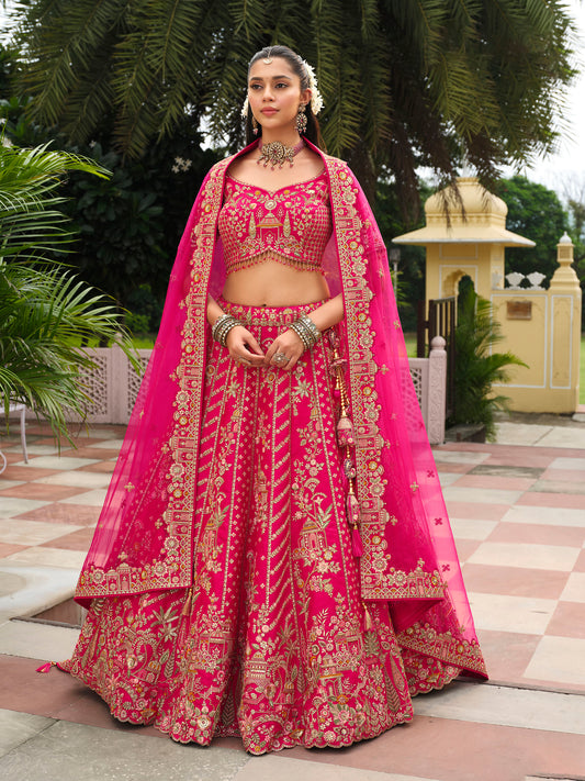 Pink Heavy Khatli & Thread Embroidery Zari Weaving Silk Bridal Lehenga