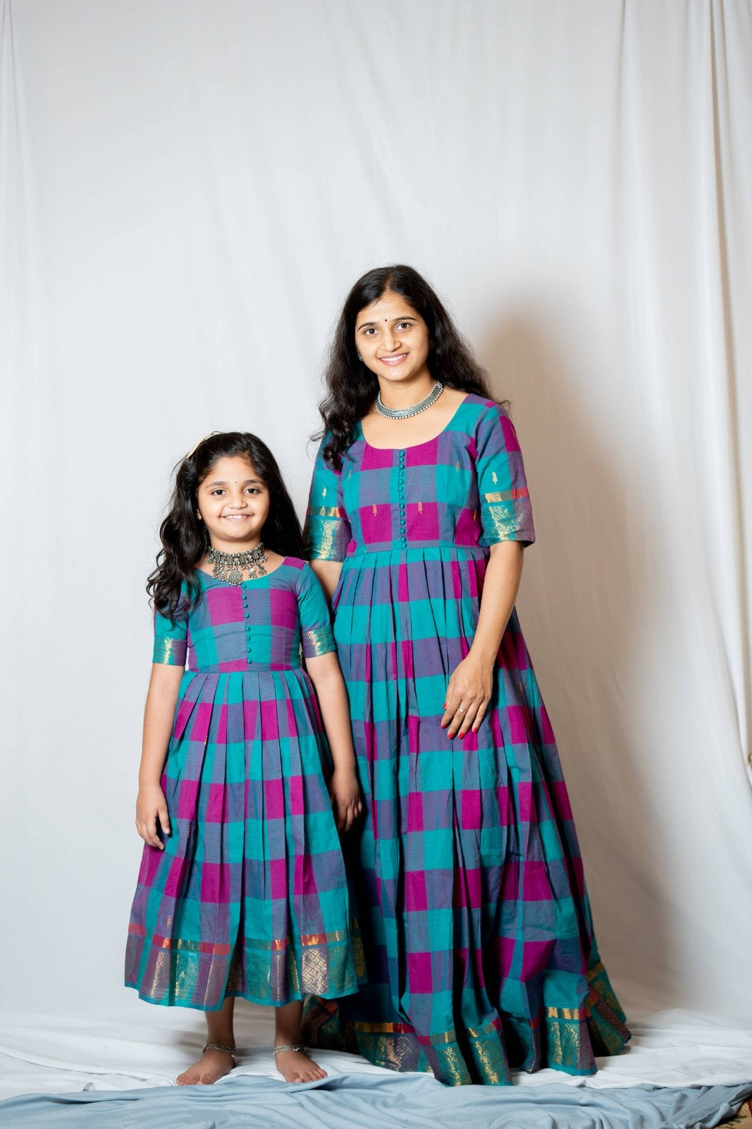 Kattam - Anarkali dress in chettinad cotton in Teal and Pink checks
