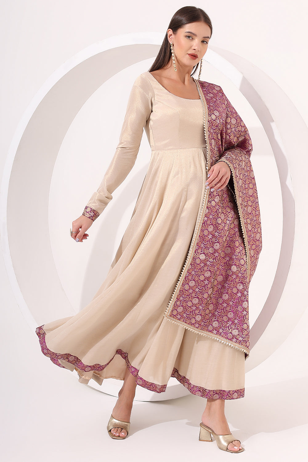 Golden Anarkali With Brocade Dupatta