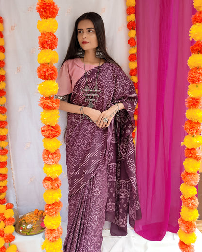 Mirage - Bagru Natural Dyes Handblock Printed - Maroon Cotton Mulmul Saree
