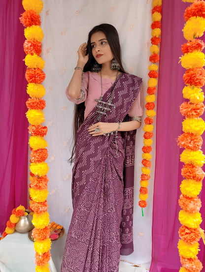 Mirage - Bagru Natural Dyes Handblock Printed - Maroon Cotton Mulmul Saree