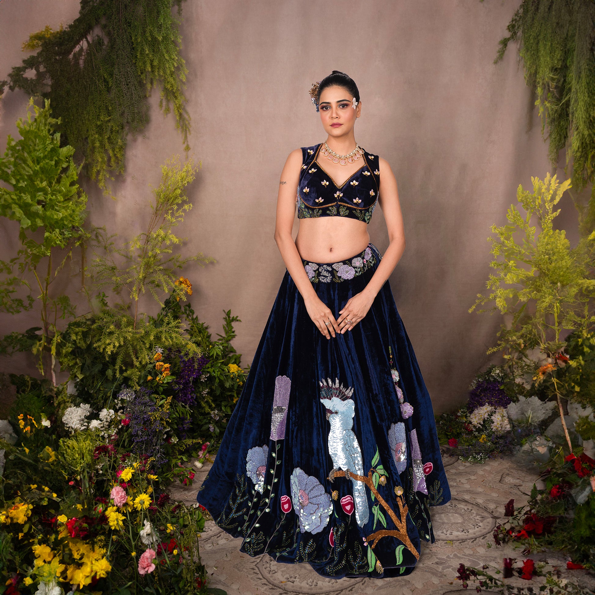 Navy Blue Velvet Hand Embroidered Designer Flying Soul Bridal Lehenga XS