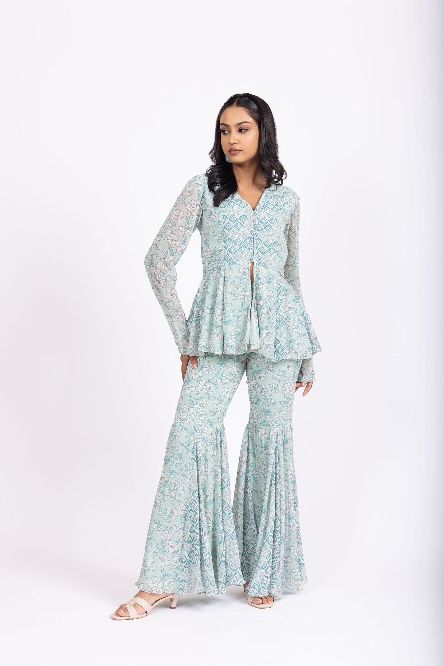IRA Cyan Floral Peplum Top with Matching Sharara